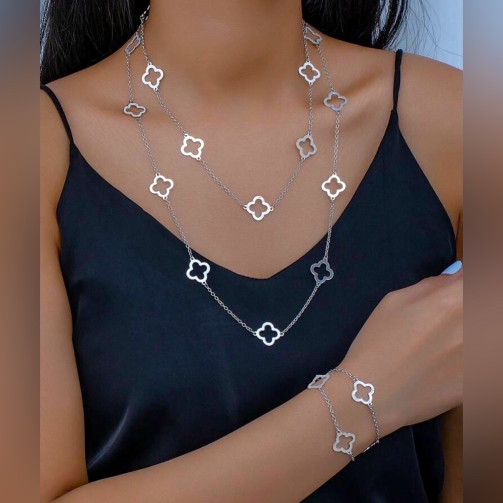 18K White Gold (Rhodium) Clover Layered Long Interval Necklace & Bracelet Set